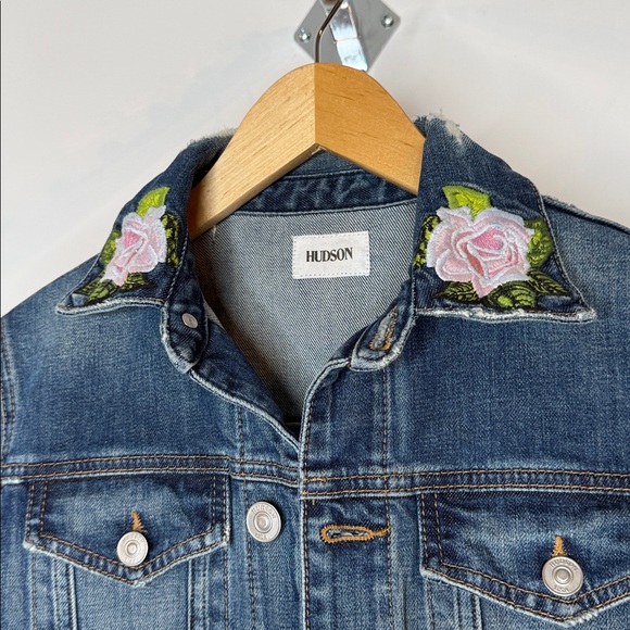 Hudson Distressed the classic rose embroidered denim Jean Jacket size XS - Picture 3 of 12